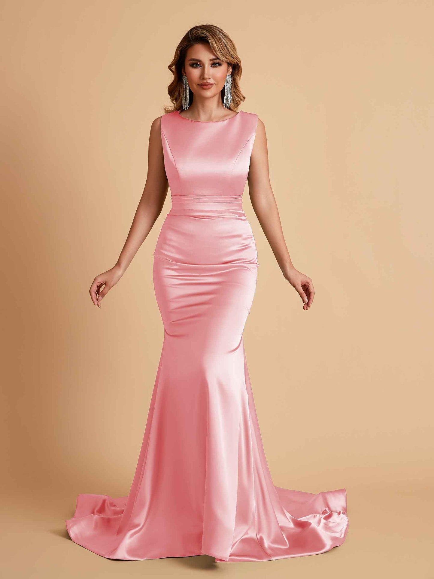 Elegant Satin Sleeveless Pleats Mermaid Bridesmaid Dresses Floor Length