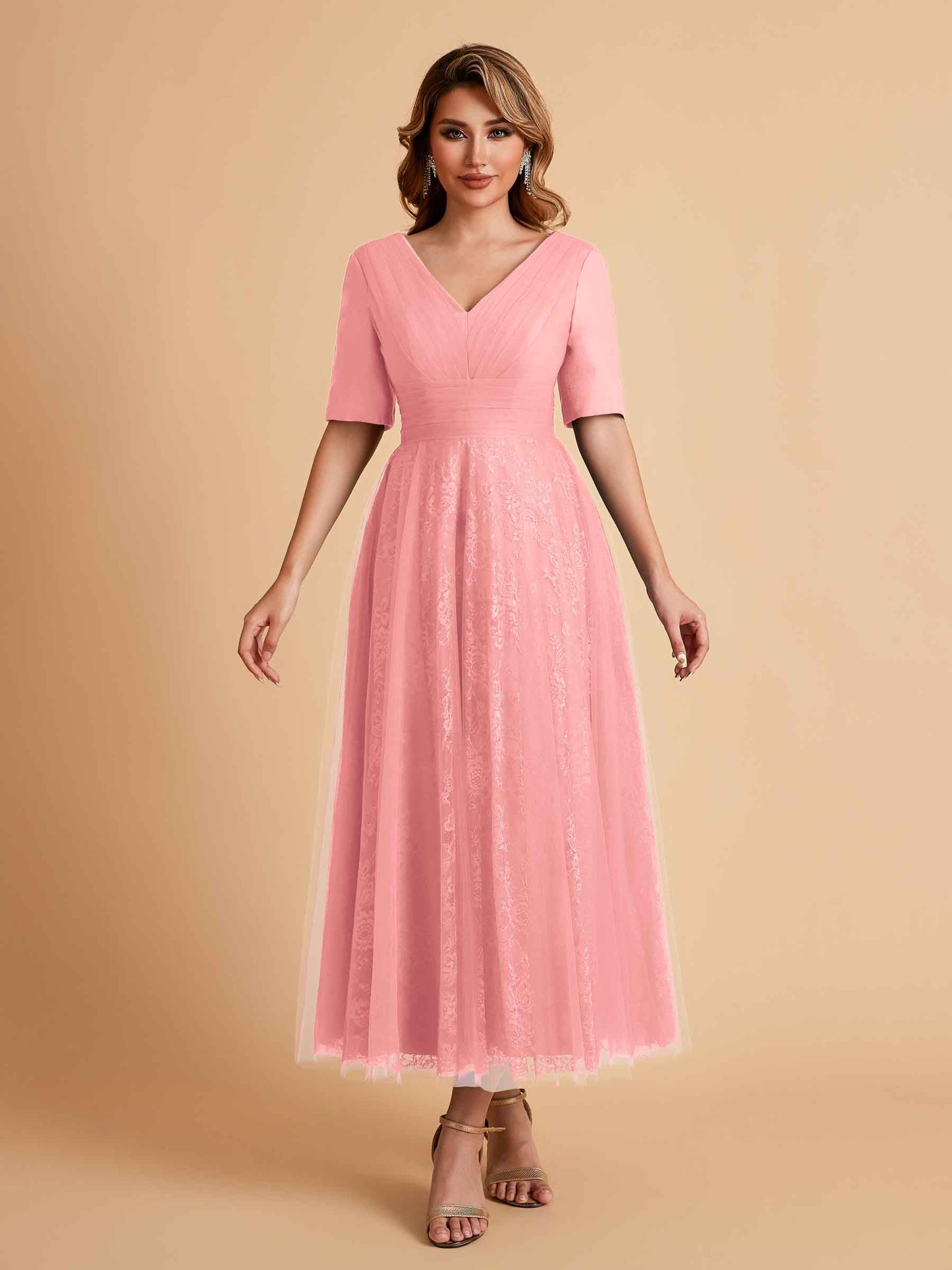 Elegant A-line Half Sleeves V-neck Mother of the Brides Dresses Online