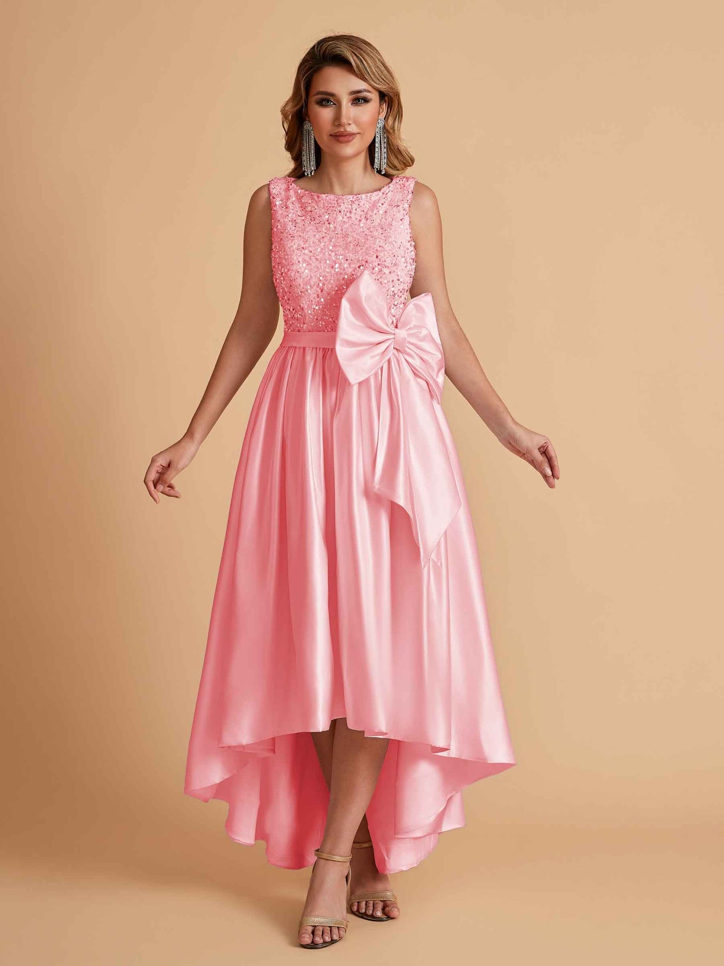 Sparkly Satin Sleeveless Pleats A-line Bridesmaid Dresses High-Low