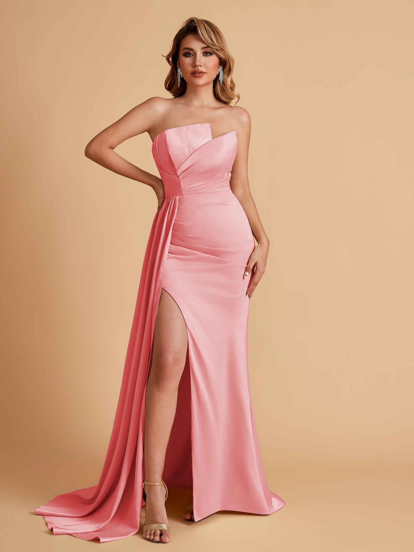Elegant Satin Sleeveless Asymmetrical Mermaid Side Slit Floor Length Bridesmaid Dresses