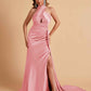 Elegant Satin Halter Pleats Side Slit Mermaid Bridesmaid Dresses Floor-Length