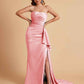 Sexy Satin Side Slit Strapless Pleats Floor Length Mermaid Bridesmaid Dresses