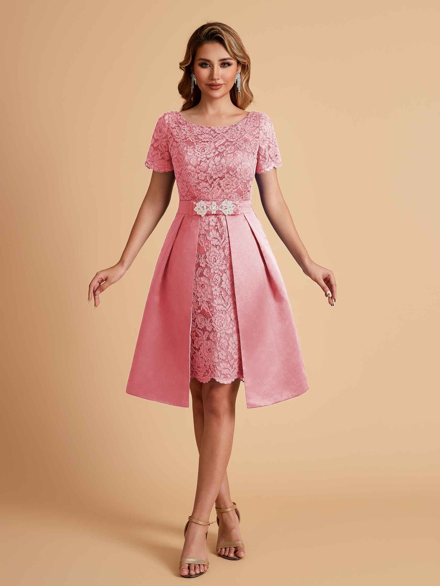 Elegant A-line Short Sleeves Jewel Knee Length Mother of the Brides Dresses