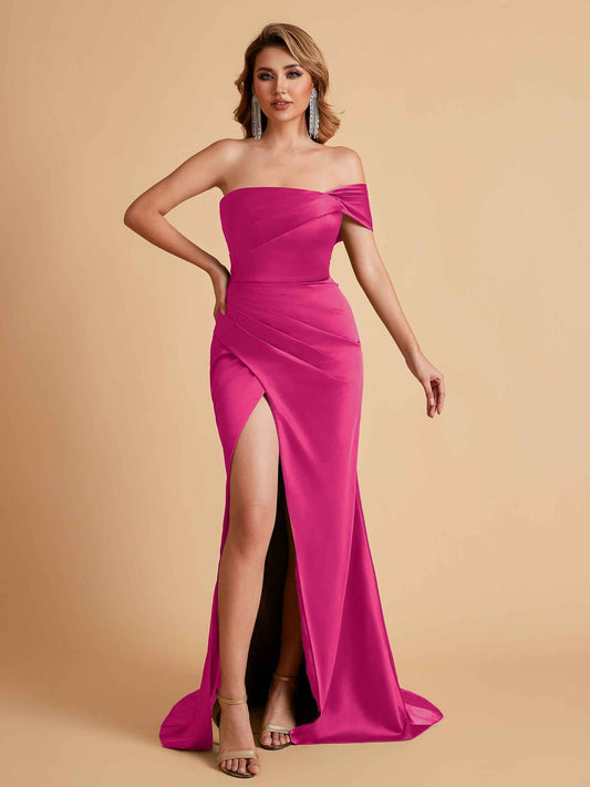 Sexy Satin One Shoulder Pleats Mermaid Bridesmaid Dresses Side Slit Floor Length