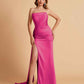 Elegant Satin Straight Neck Mermaid Side Slit Floor Length Bridesmaid Dresses
