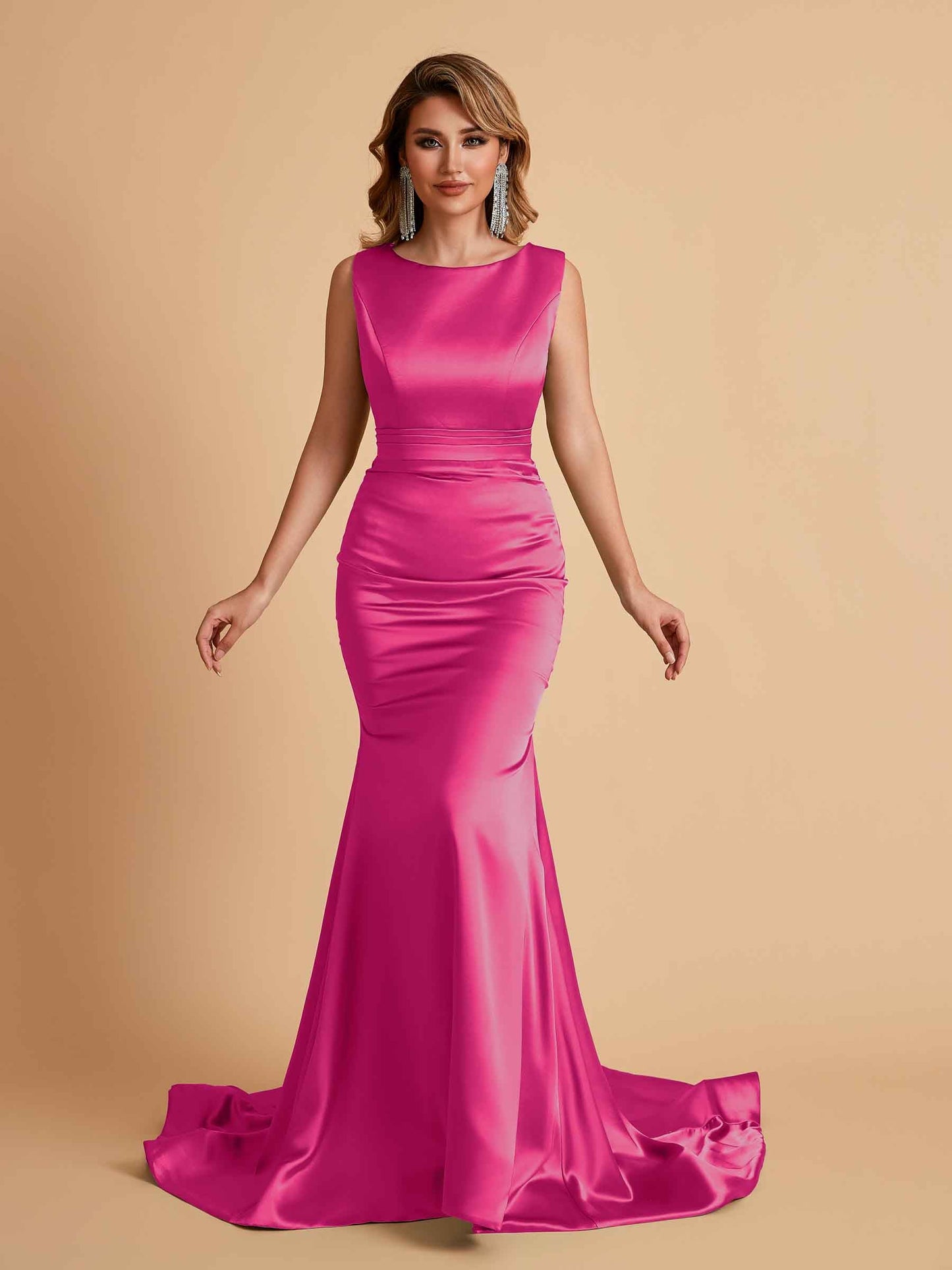 Elegant Satin Sleeveless Pleats Mermaid Bridesmaid Dresses Floor Length