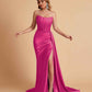 Sexy Satin Sleeveless Pleats Mermaid Bridesmaid Dresses Side Slit Floor Length