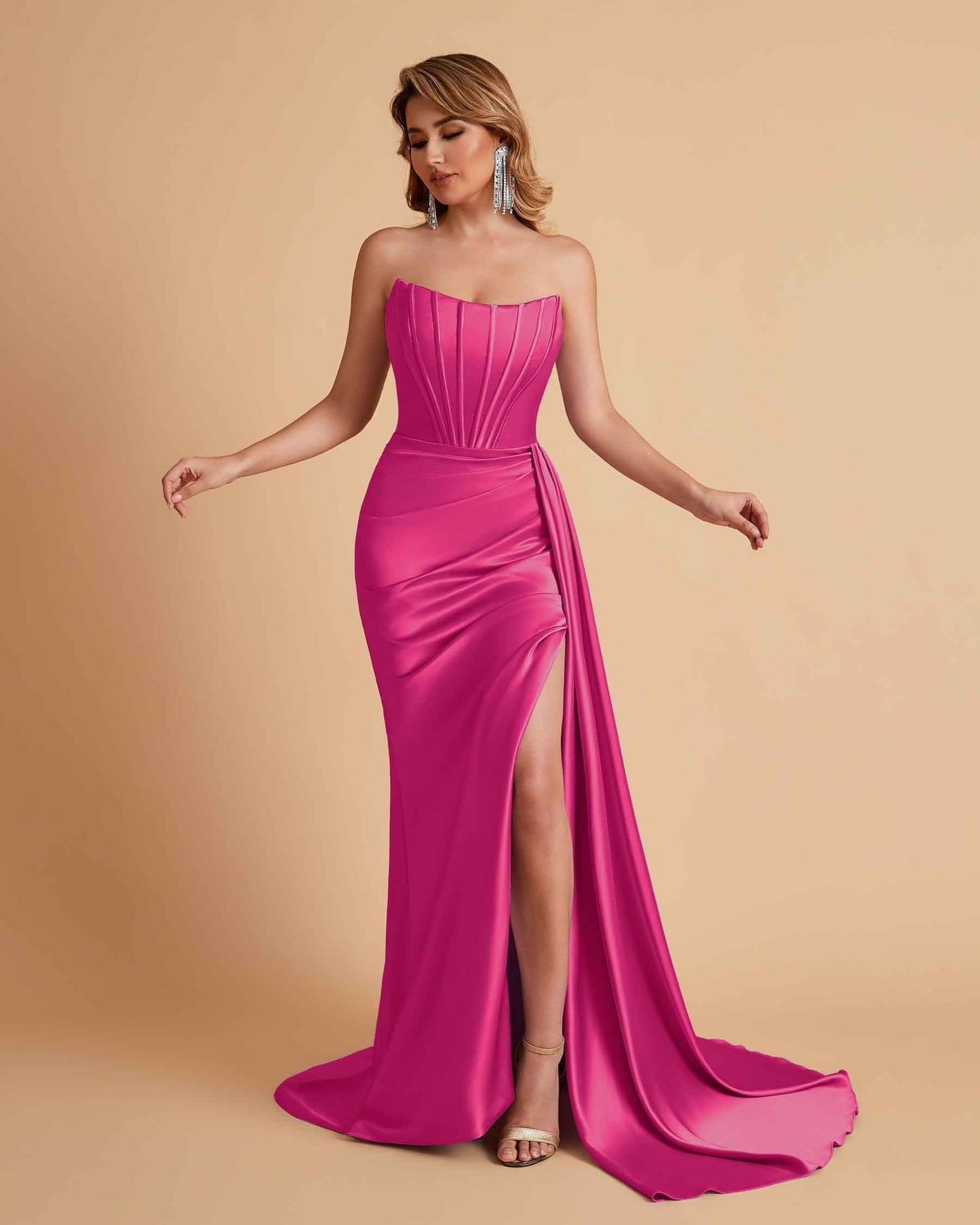 Sexy Satin Sleeveless Pleats Mermaid Bridesmaid Dresses Side Slit Floor Length