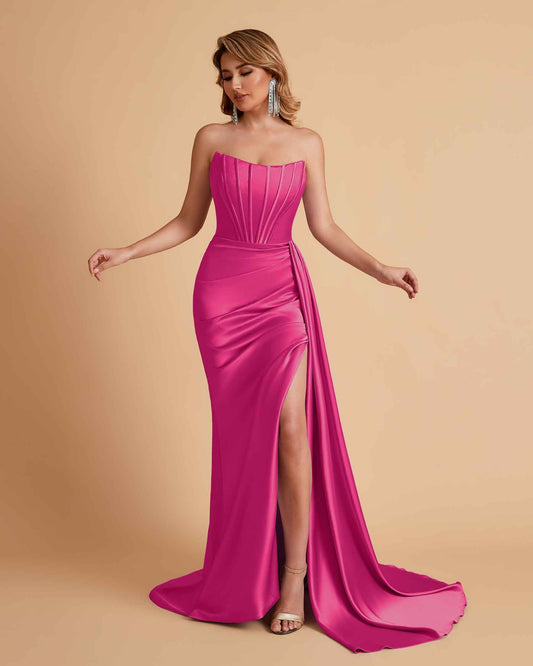 Sexy Satin Sleeveless Pleats Mermaid Bridesmaid Dresses Side Slit Floor Length