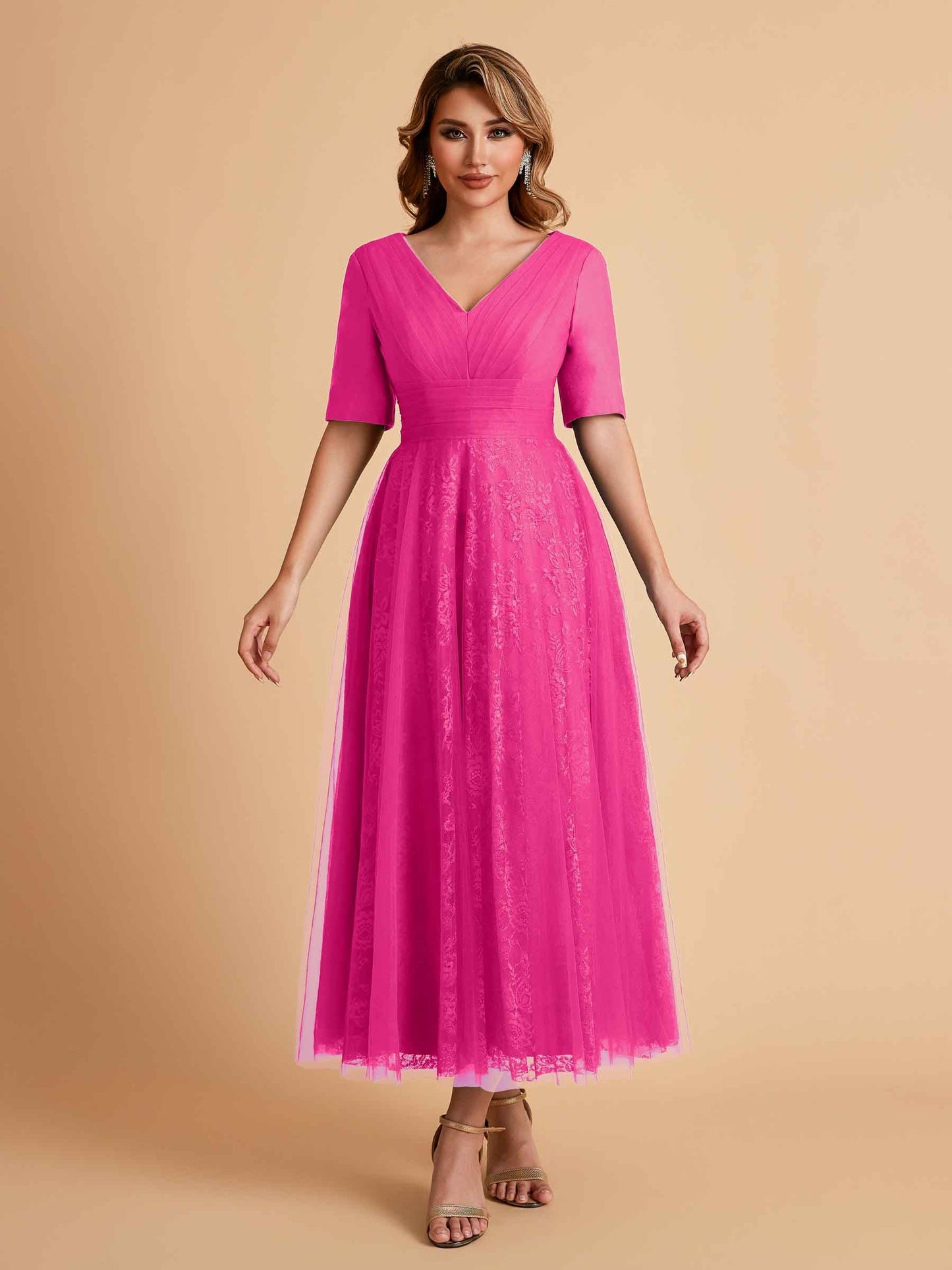 Elegant A-line Half Sleeves V-neck Mother of the Brides Dresses Online