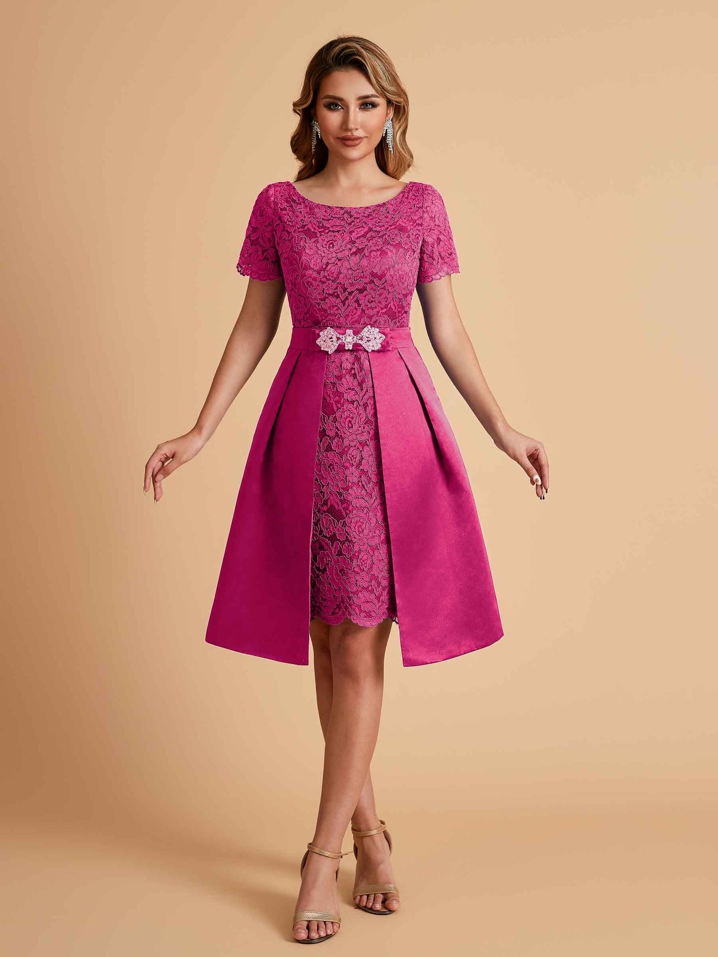 Elegant A-line Short Sleeves Jewel Knee Length Mother of the Brides Dresses