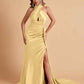 Elegant Satin Halter Pleats Side Slit Mermaid Bridesmaid Dresses Floor-Length