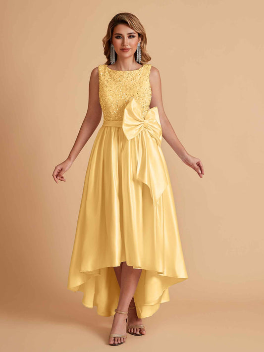 Sparkly Satin Sleeveless Pleats A-line Bridesmaid Dresses High-Low