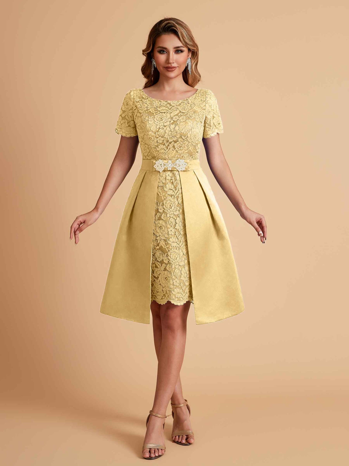 Elegant A-line Short Sleeves Jewel Knee Length Mother of the Brides Dresses