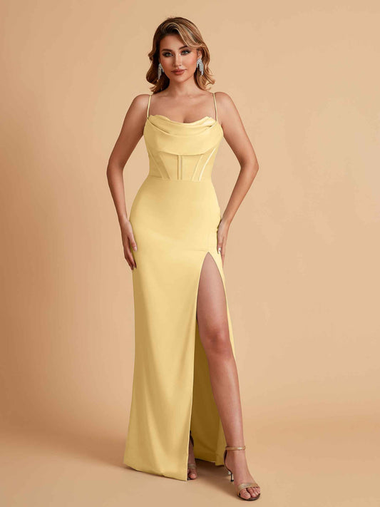 Elegant Satin Spaghetti Straps Mermaid Side Slit Floor Length Bridesmaid Dresses