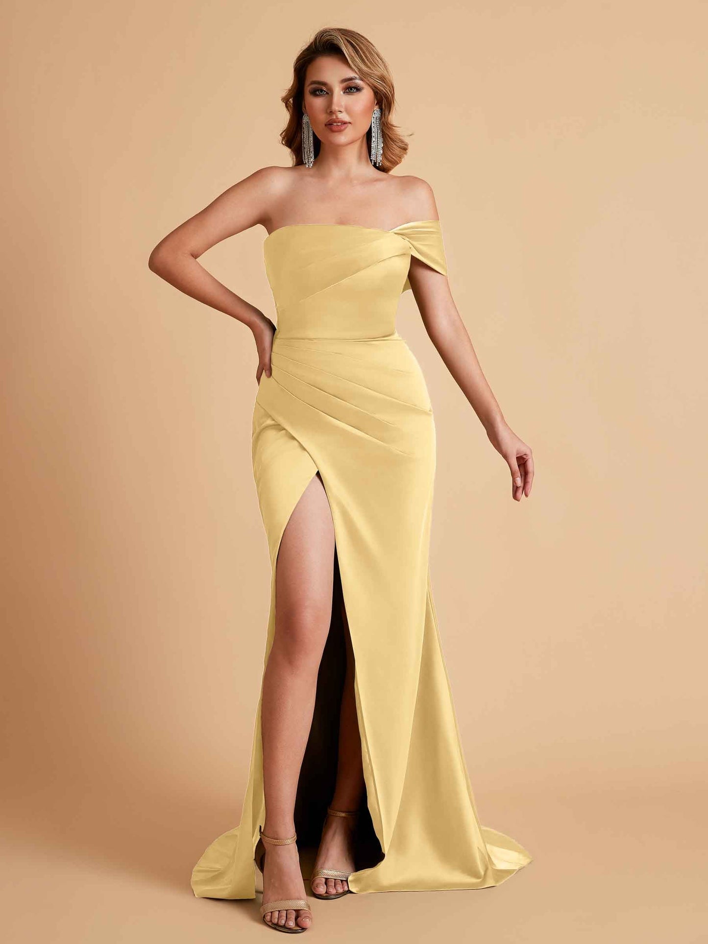 Sexy Satin One Shoulder Pleats Mermaid Bridesmaid Dresses Side Slit Floor Length