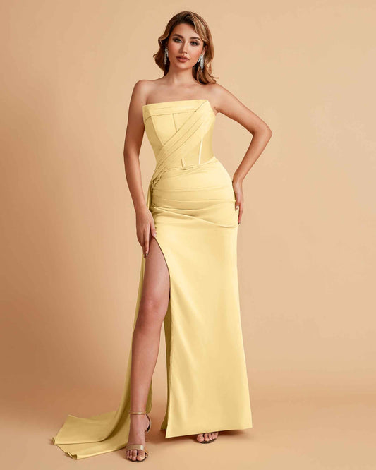 Elegant Satin Straight Neck Mermaid Side Slit Floor Length Bridesmaid Dresses