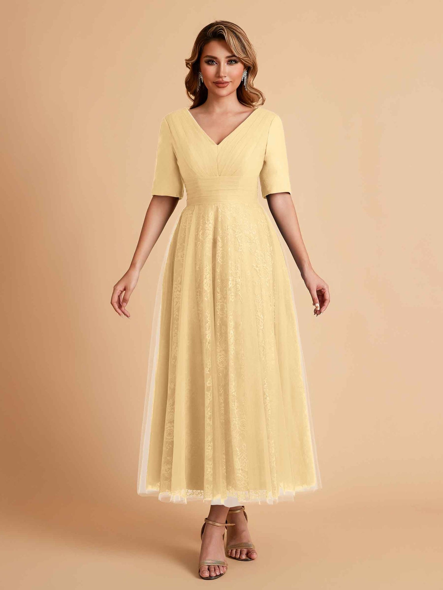 Elegant A-line Half Sleeves V-neck Mother of the Brides Dresses Online
