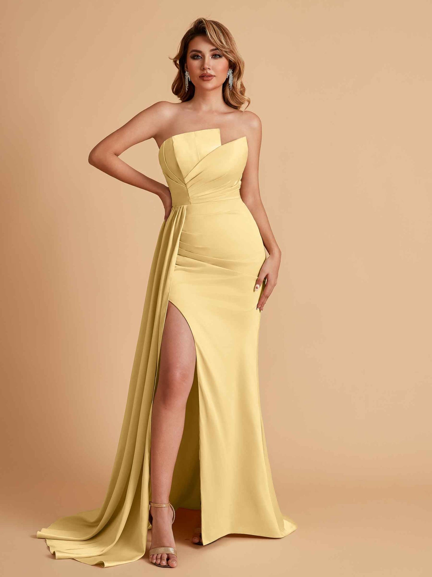 Elegant Satin Sleeveless Asymmetrical Mermaid Side Slit Floor Length Bridesmaid Dresses