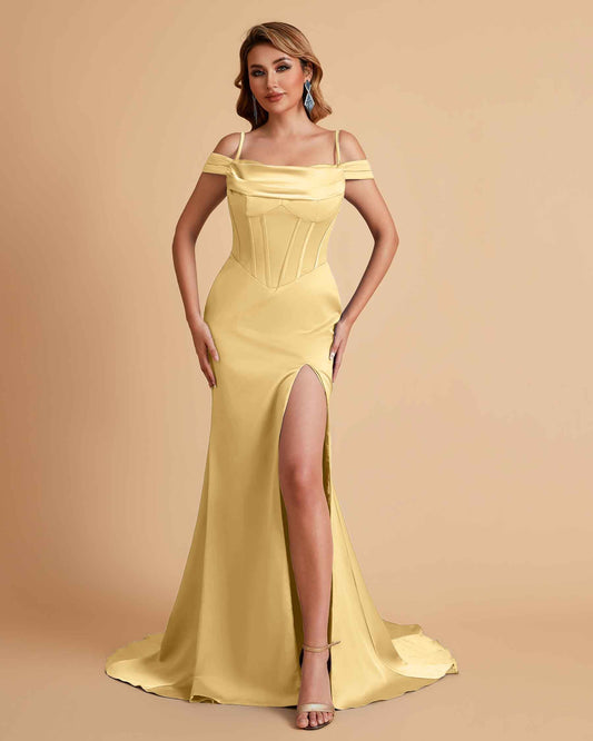 Sexy Satin Spaghetti Straps Off-Shoulder Side Slit Floor Length Mermaid Bridesmaid Dresses