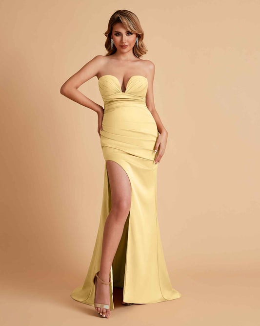 Elegant Satin Sweetheart Mermaid Side Slit Floor Length Bridesmaid Dresses