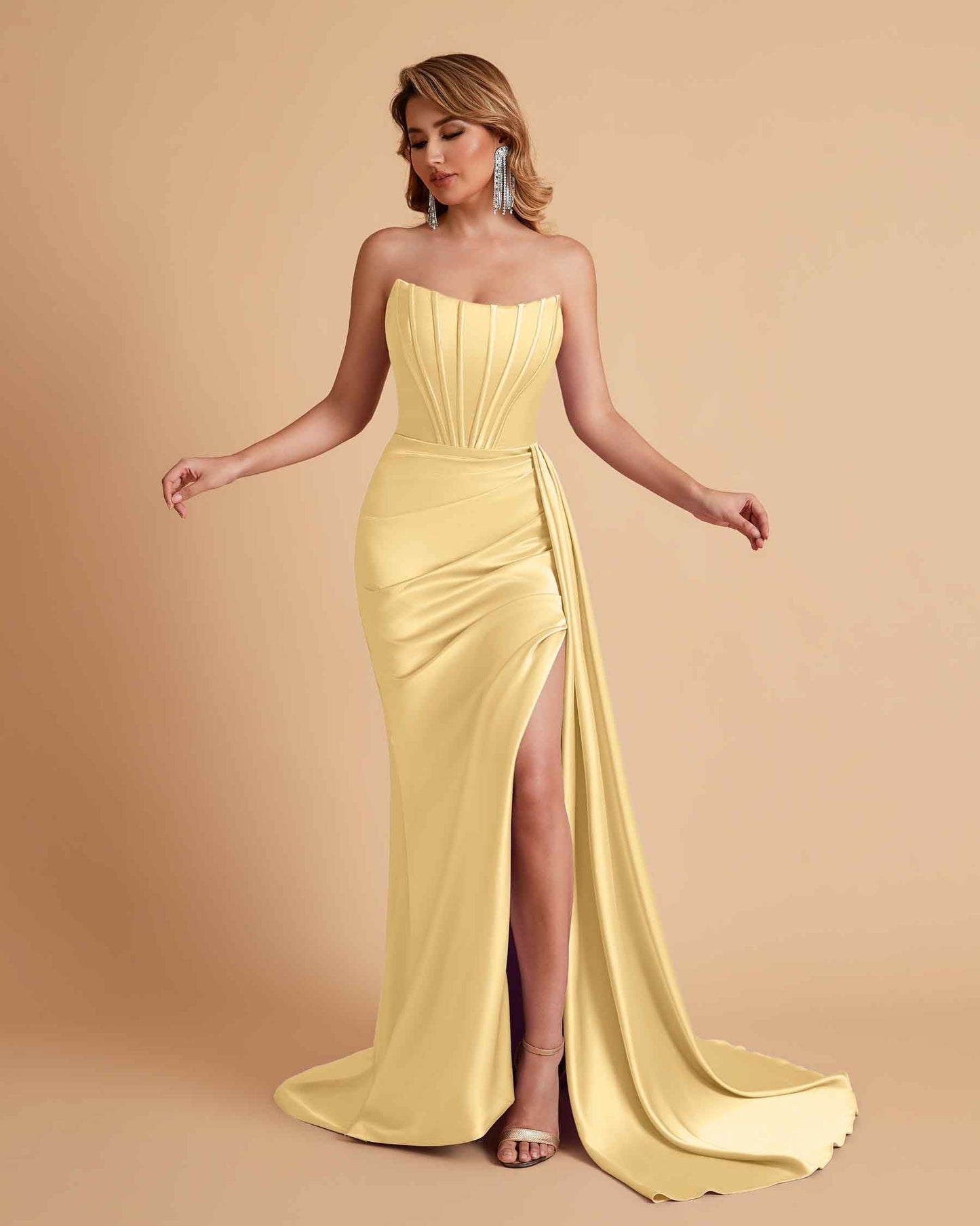 Sexy Satin Sleeveless Pleats Mermaid Bridesmaid Dresses Side Slit Floor Length
