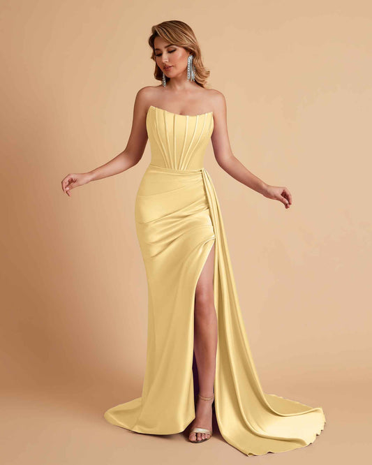 Sexy Satin Sleeveless Pleats Mermaid Bridesmaid Dresses Side Slit Floor Length