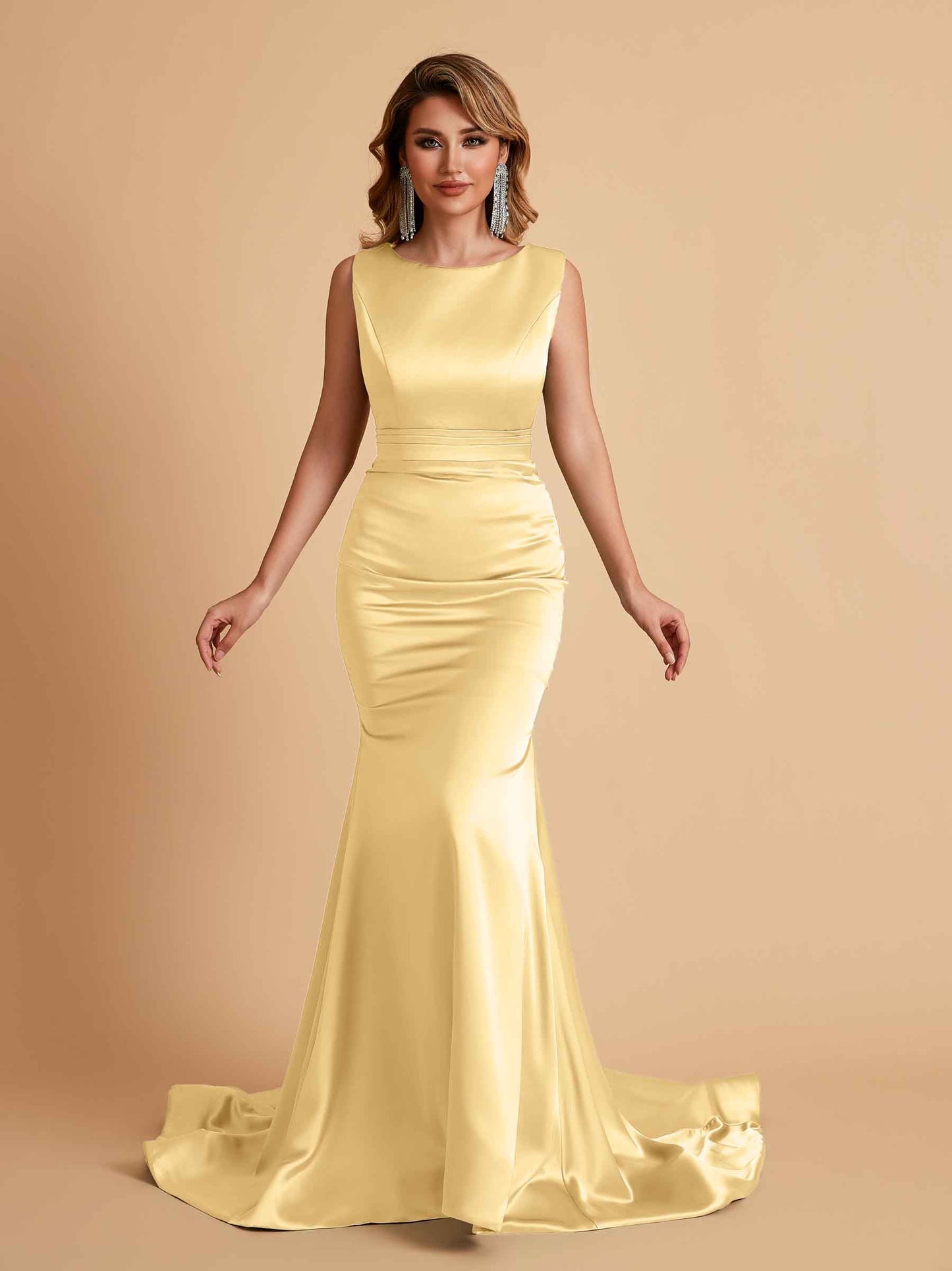 Elegant Satin Sleeveless Pleats Mermaid Bridesmaid Dresses Floor Length