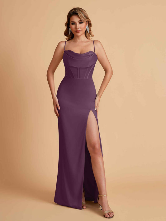 Elegant Satin Spaghetti Straps Mermaid Side Slit Floor Length Bridesmaid Dresses