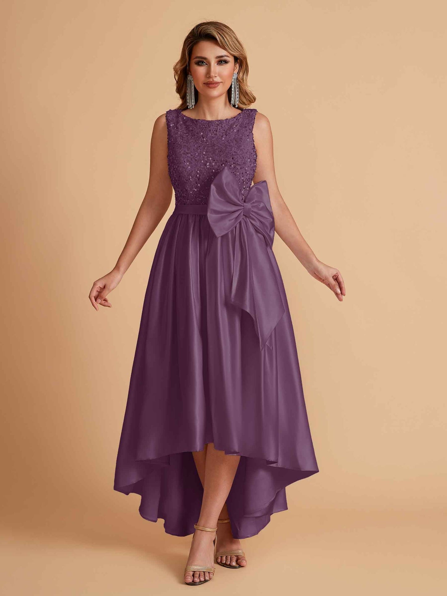 Sparkly Satin Sleeveless Pleats A-line Bridesmaid Dresses High-Low