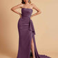 Sexy Satin Side Slit Strapless Pleats Floor Length Mermaid Bridesmaid Dresses