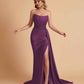 Sexy Satin Sleeveless Pleats Mermaid Bridesmaid Dresses Side Slit Floor Length