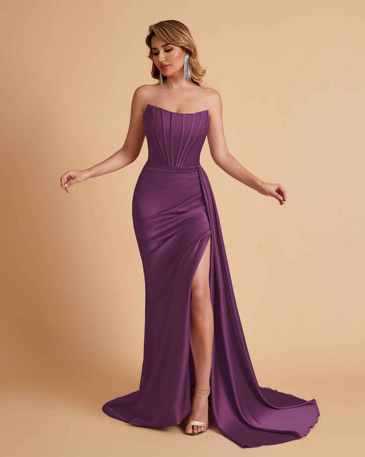 Sexy Satin Sleeveless Pleats Mermaid Bridesmaid Dresses Side Slit Floor Length