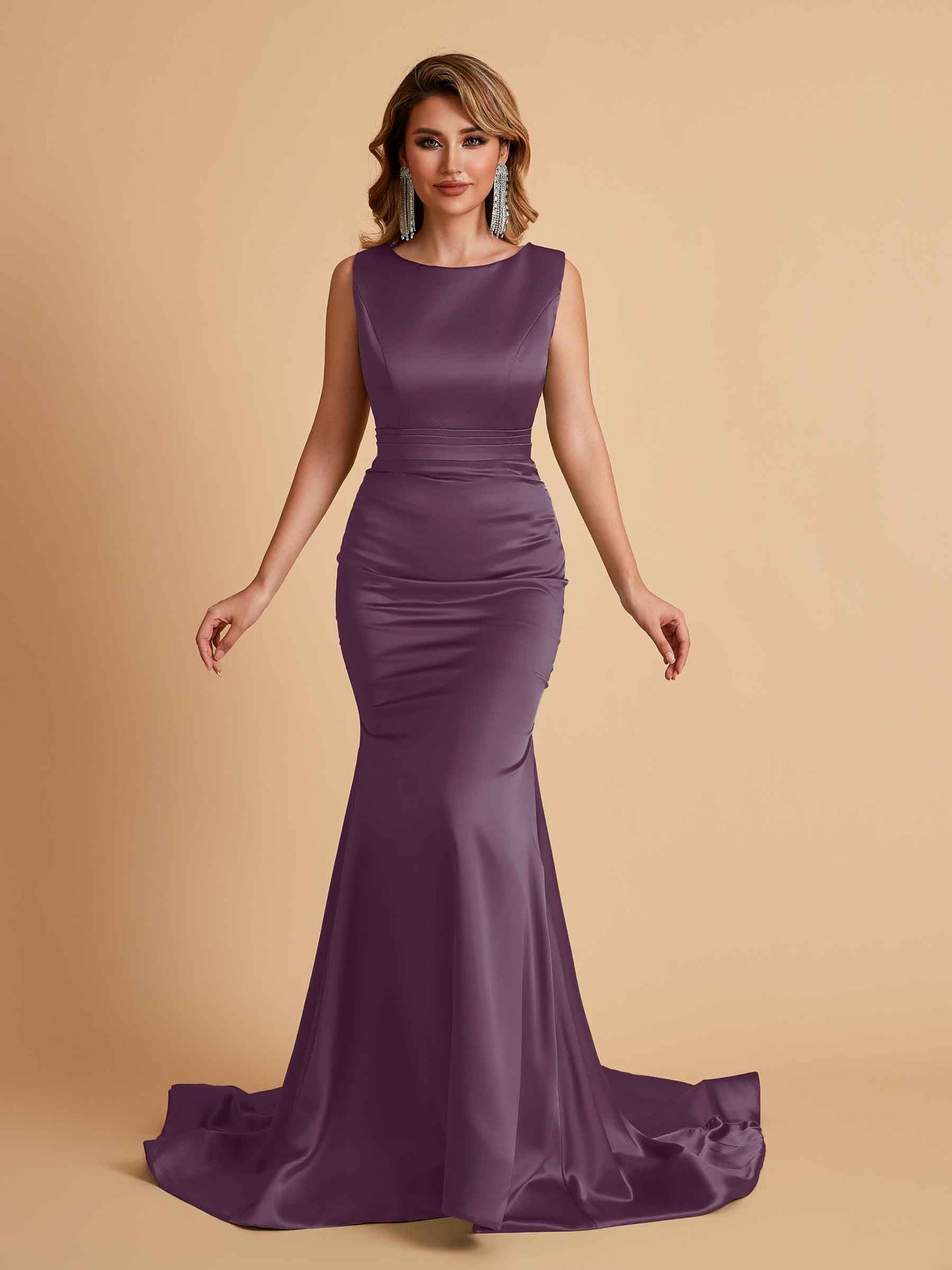 Elegant Satin Sleeveless Pleats Mermaid Bridesmaid Dresses Floor Length