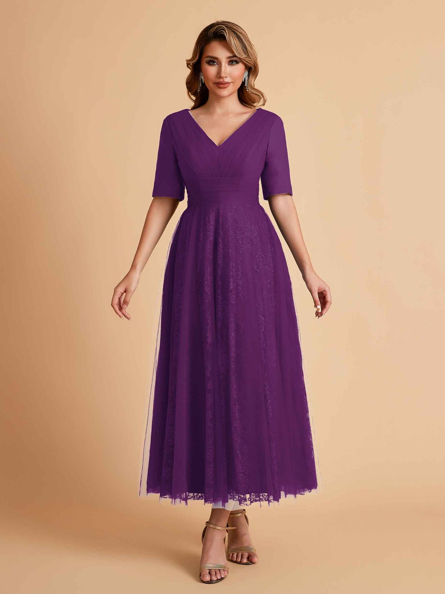 Elegant A-line Half Sleeves V-neck Mother of the Brides Dresses Online