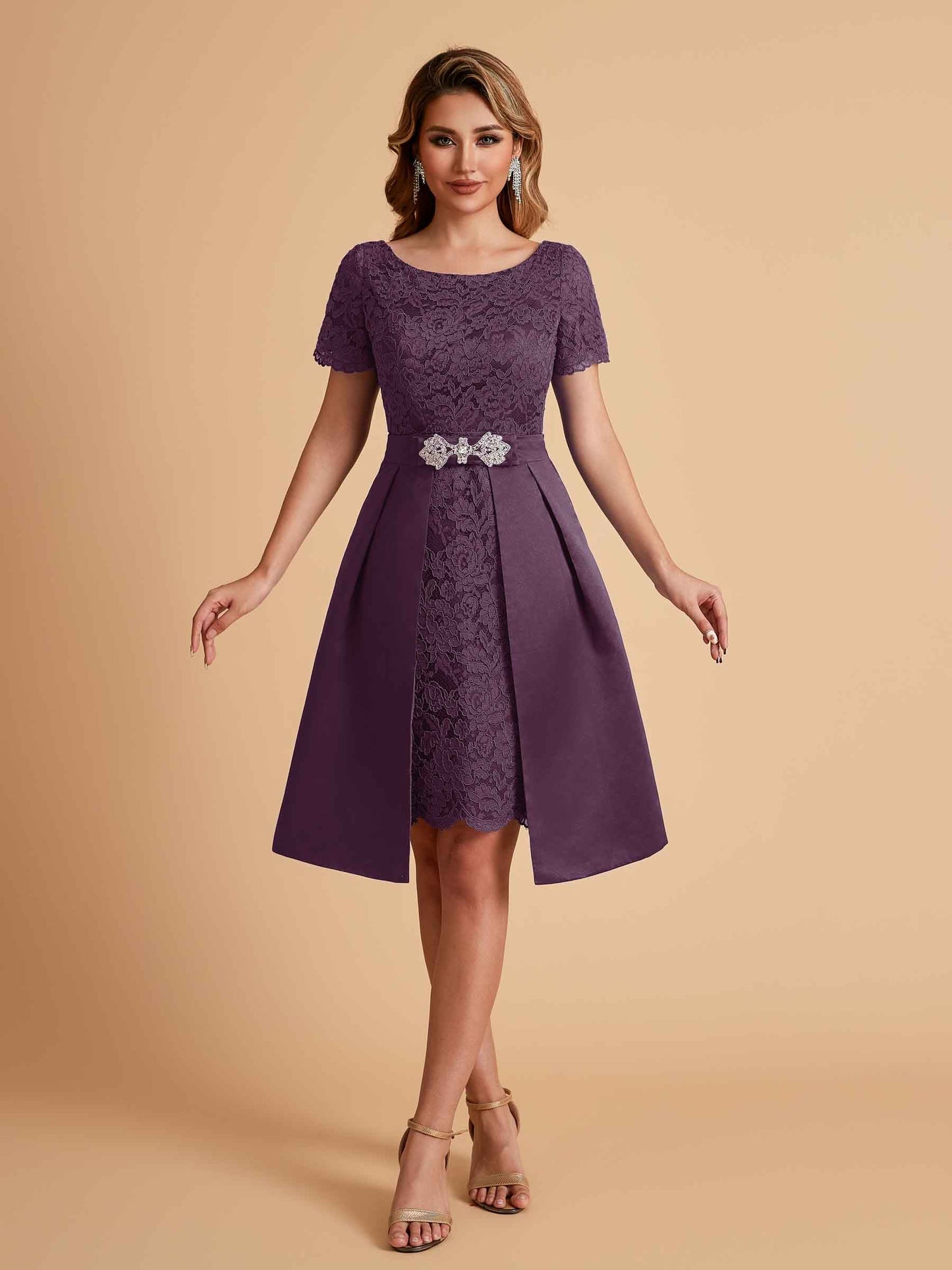Elegant A-line Short Sleeves Jewel Knee Length Mother of the Brides Dresses