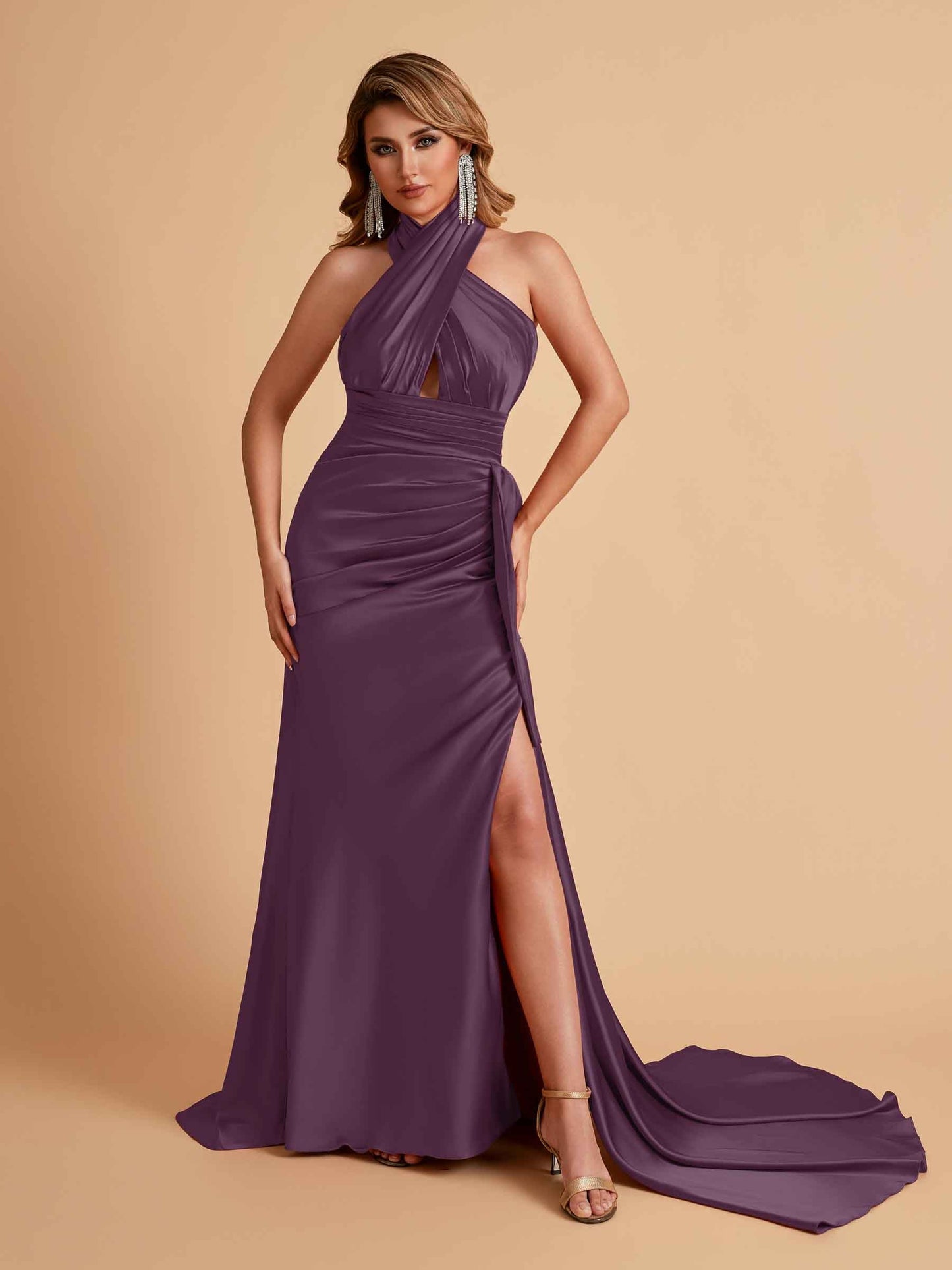 Elegant Satin Halter Pleats Side Slit Mermaid Bridesmaid Dresses Floor-Length
