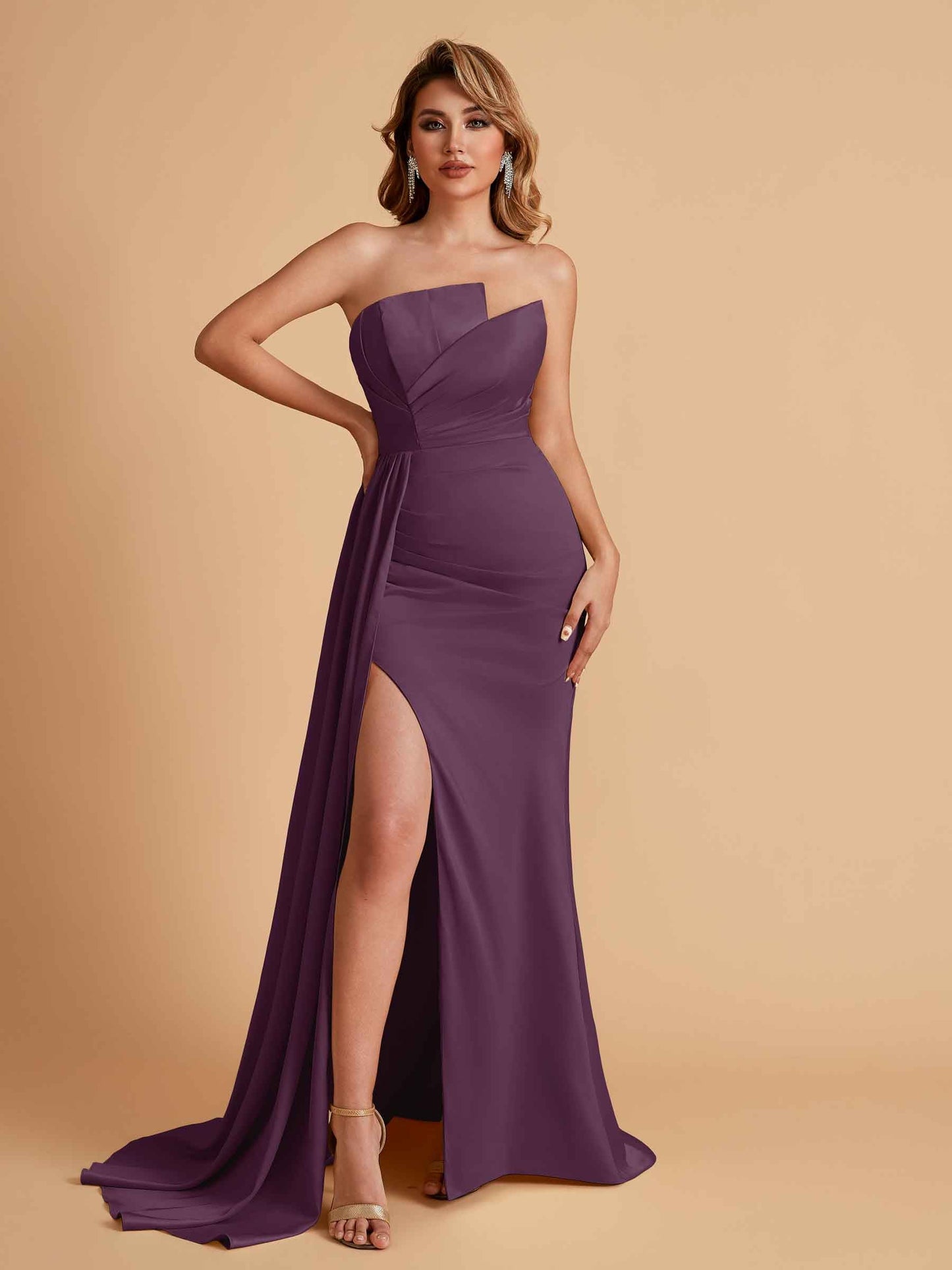 Elegant Satin Sleeveless Asymmetrical Mermaid Side Slit Floor Length Bridesmaid Dresses