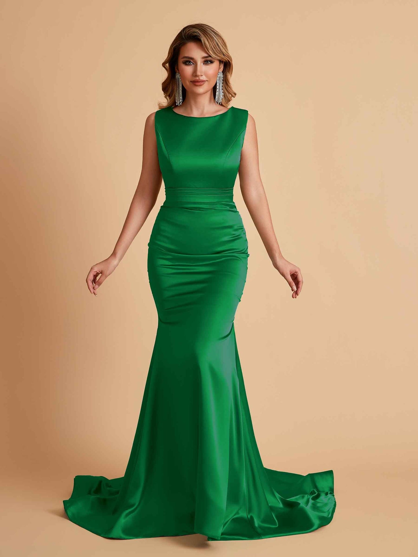 Elegant Satin Sleeveless Pleats Mermaid Bridesmaid Dresses Floor Length