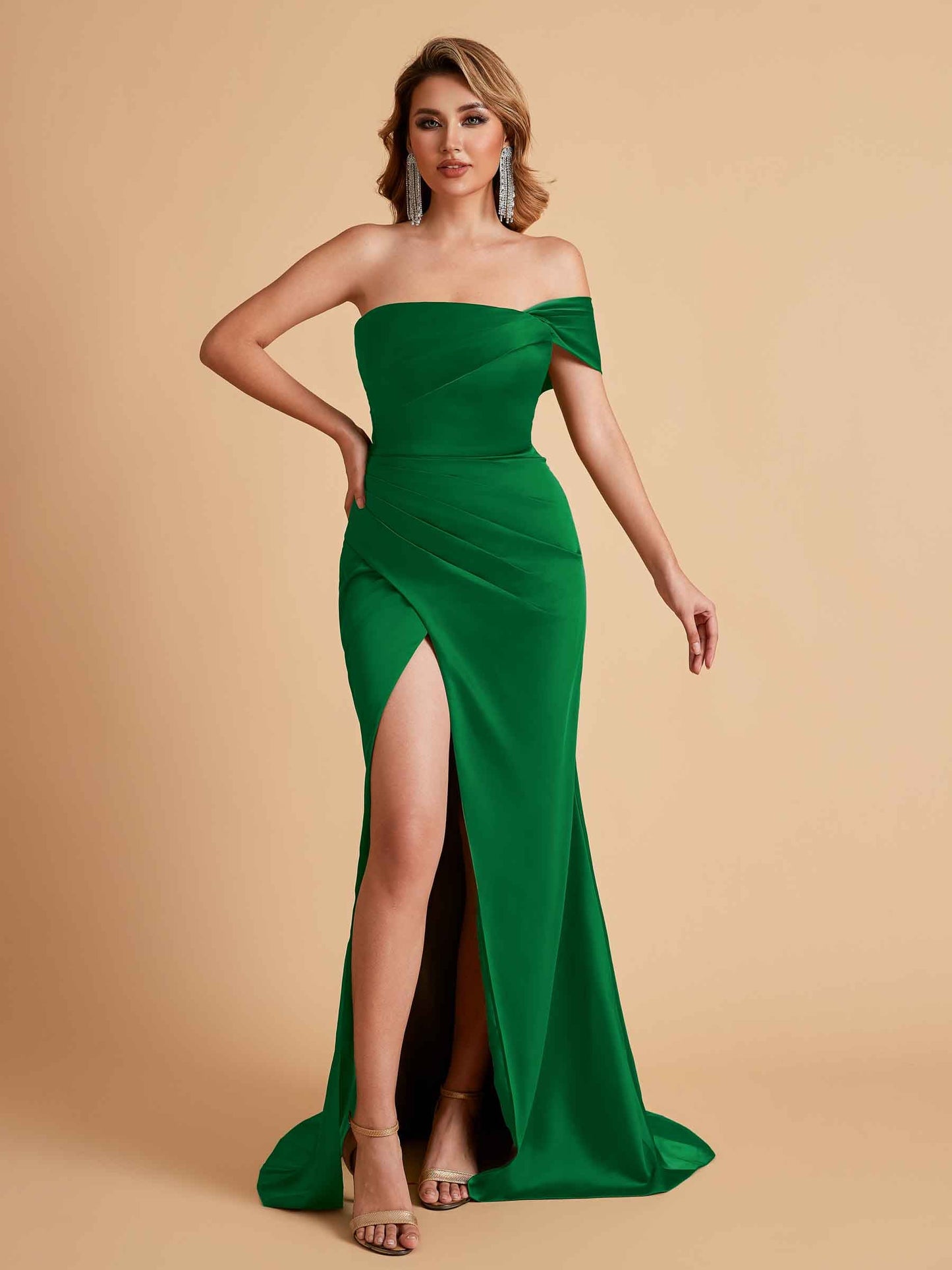 Sexy Satin One Shoulder Pleats Mermaid Bridesmaid Dresses Side Slit Floor Length