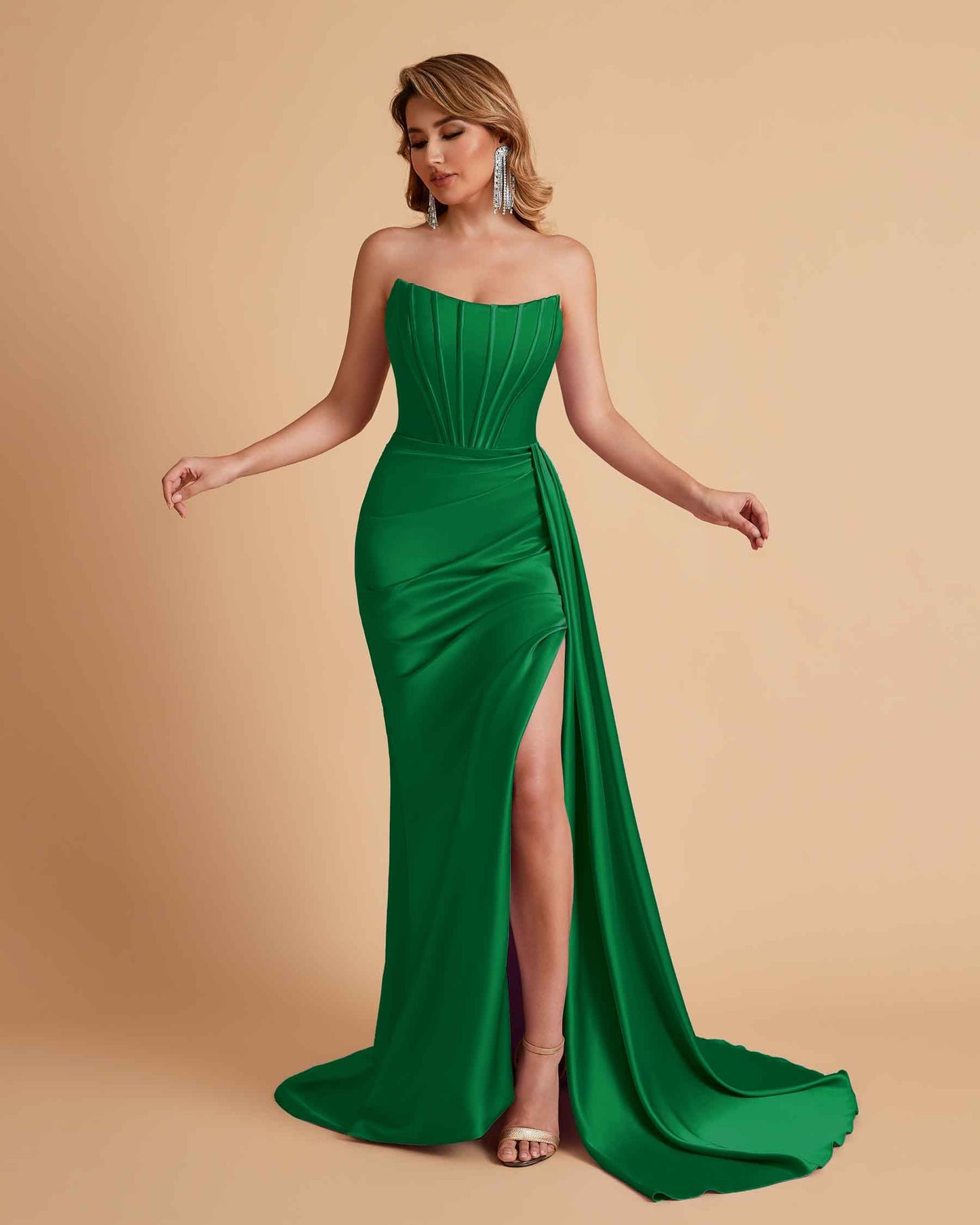 Sexy Satin Sleeveless Pleats Mermaid Bridesmaid Dresses Side Slit Floor Length