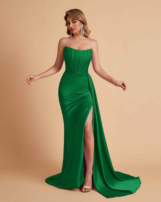 Sexy Satin Sleeveless Pleats Mermaid Bridesmaid Dresses Side Slit Floor Length