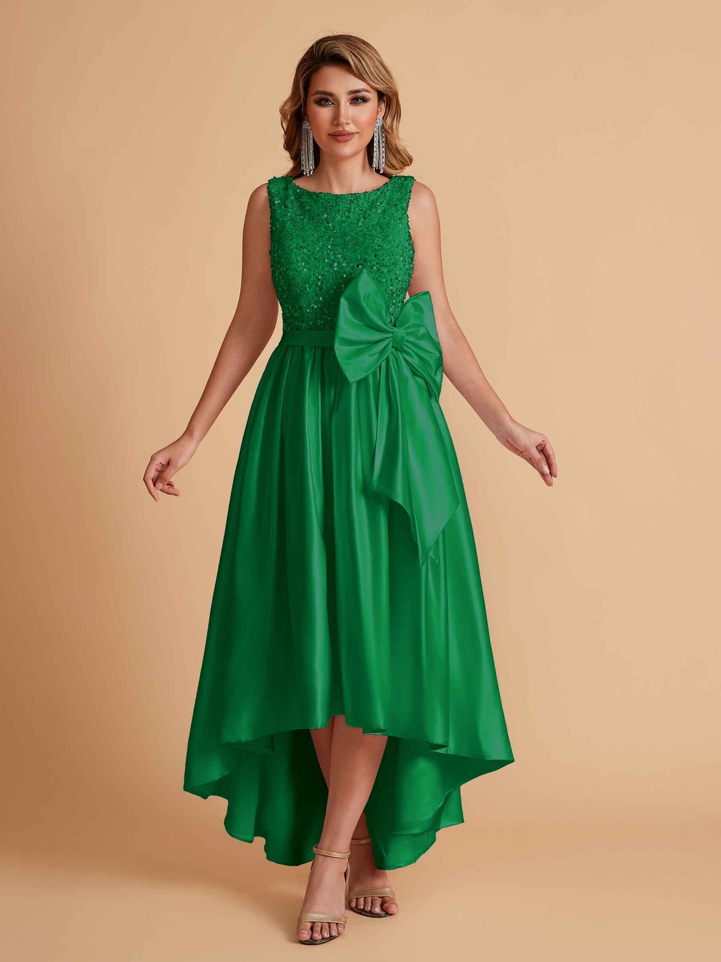 Sparkly Satin Sleeveless Pleats A-line Bridesmaid Dresses High-Low