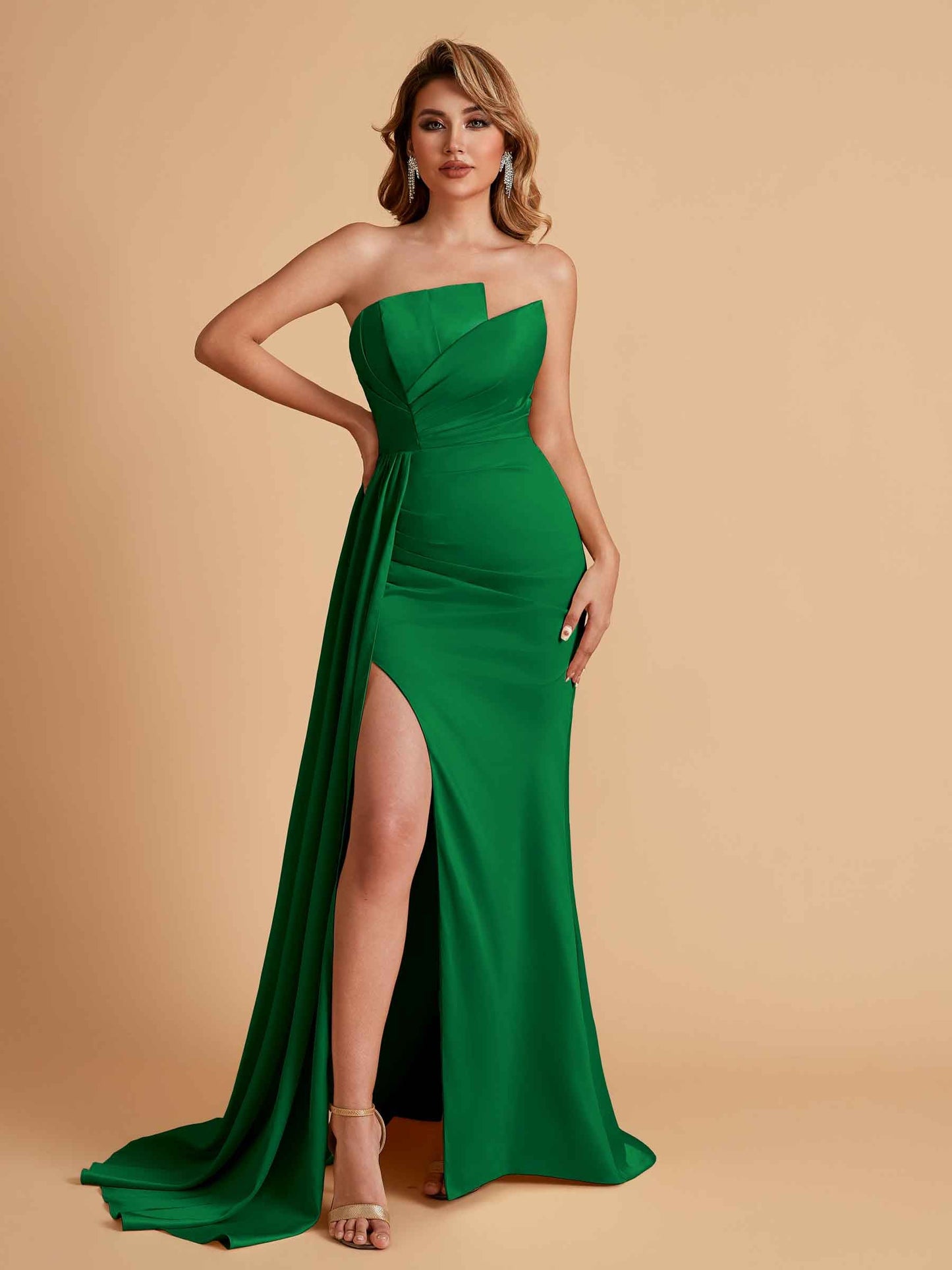 Elegant Satin Sleeveless Asymmetrical Mermaid Side Slit Floor Length Bridesmaid Dresses