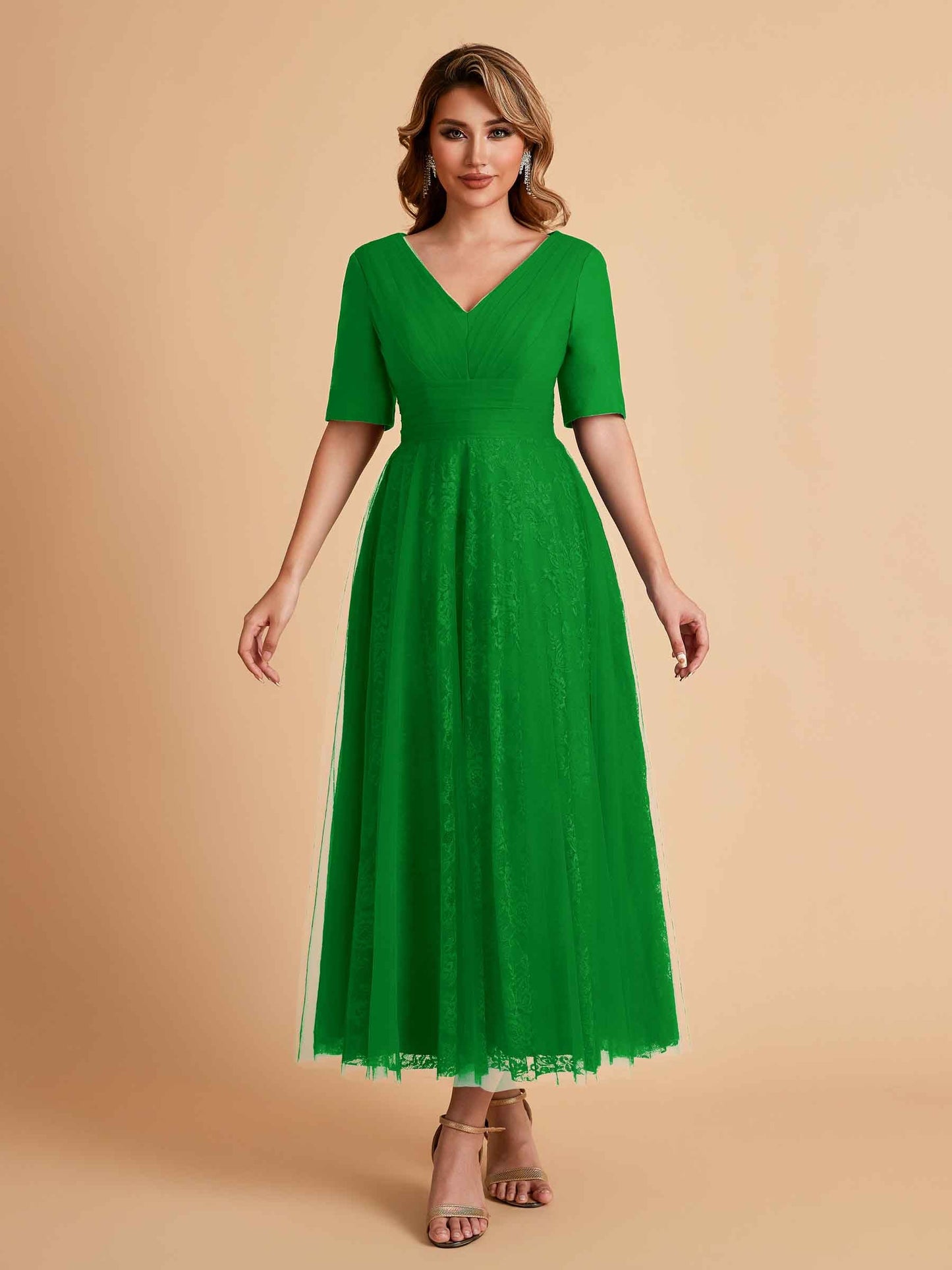 Elegant A-line Half Sleeves V-neck Mother of the Brides Dresses Online