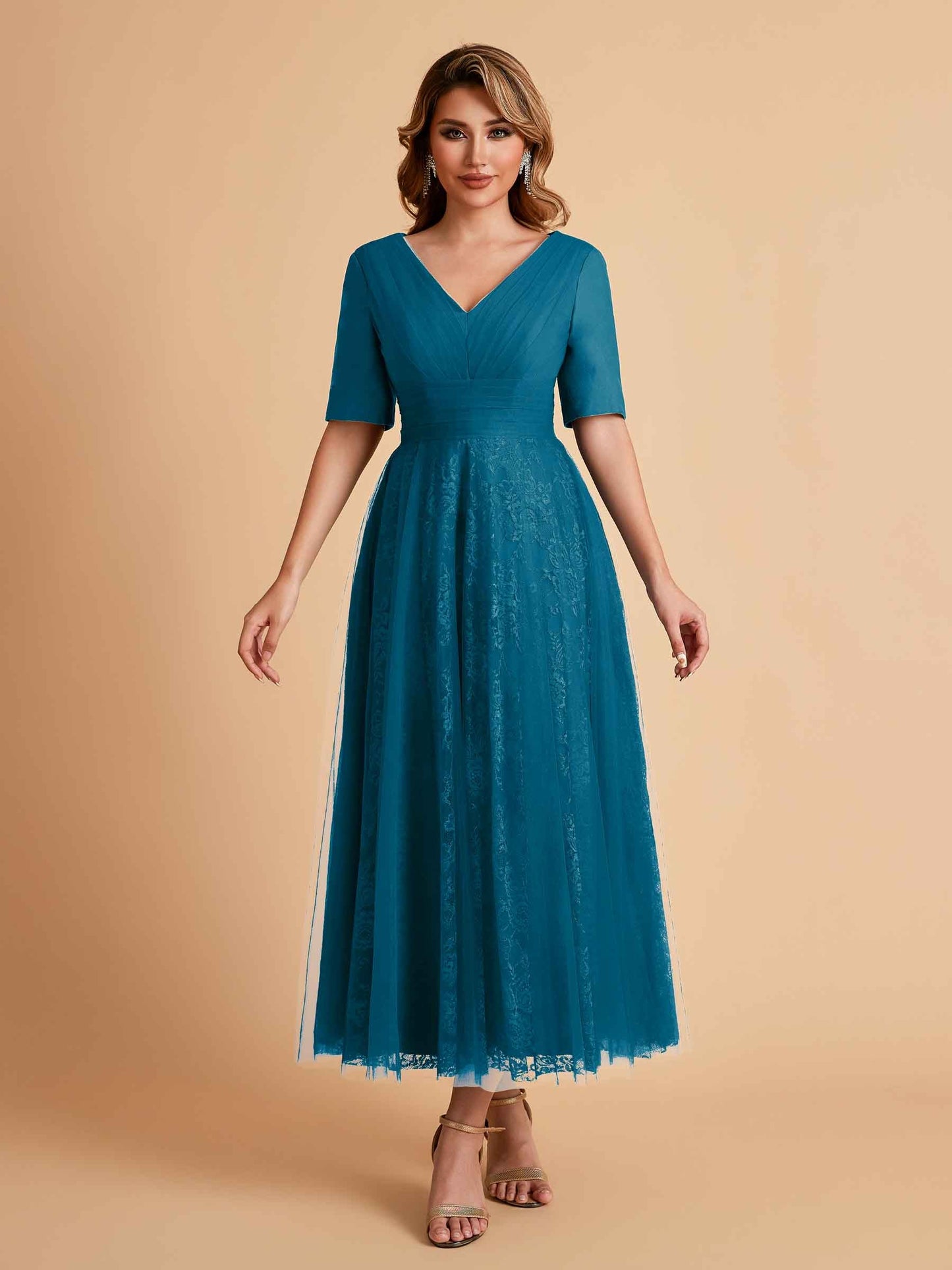 Elegant A-line Half Sleeves V-neck Mother of the Brides Dresses Online