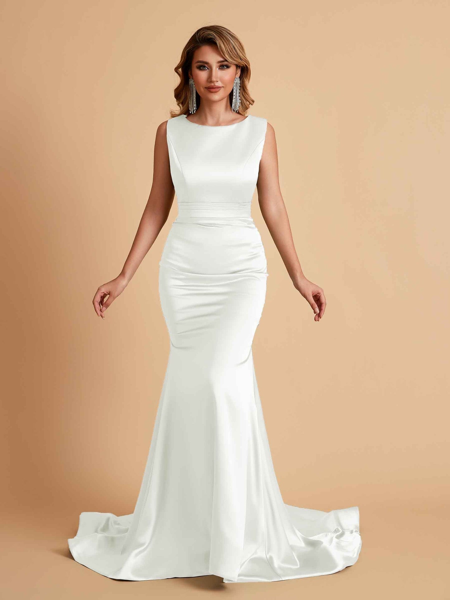 Elegant Satin Sleeveless Pleats Mermaid Bridesmaid Dresses Floor Length