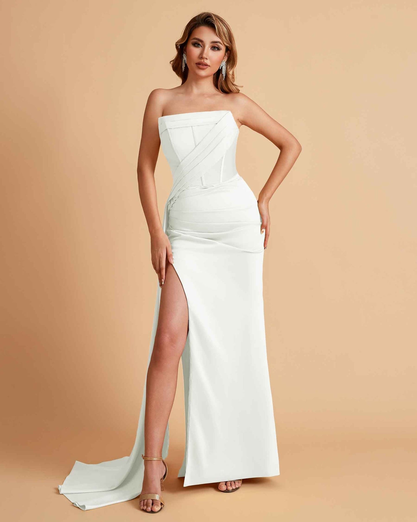 Elegant Satin Straight Neck Mermaid Side Slit Floor Length Bridesmaid Dresses