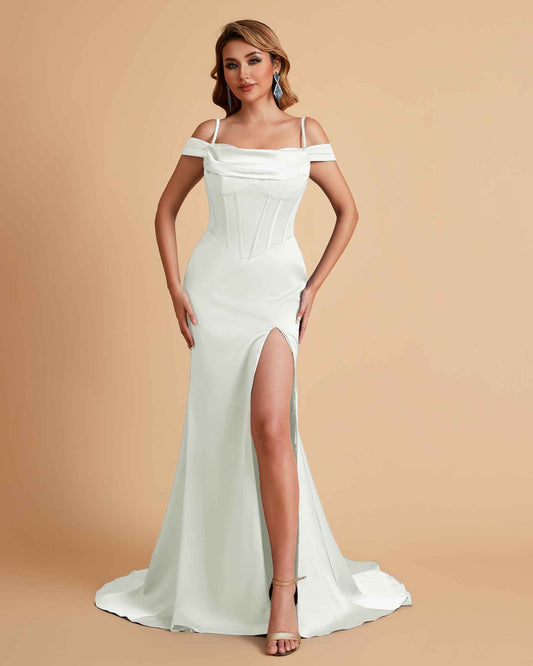 Sexy Satin Spaghetti Straps Off-Shoulder Side Slit Floor Length Mermaid Bridesmaid Dresses