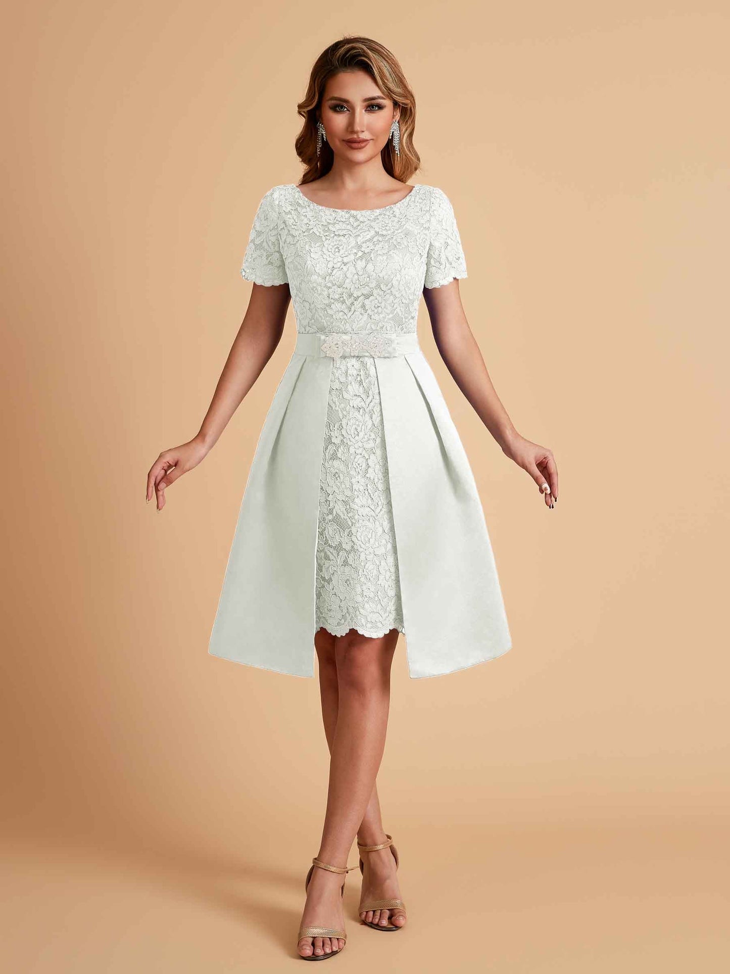 Elegant A-line Short Sleeves Jewel Knee Length Mother of the Brides Dresses